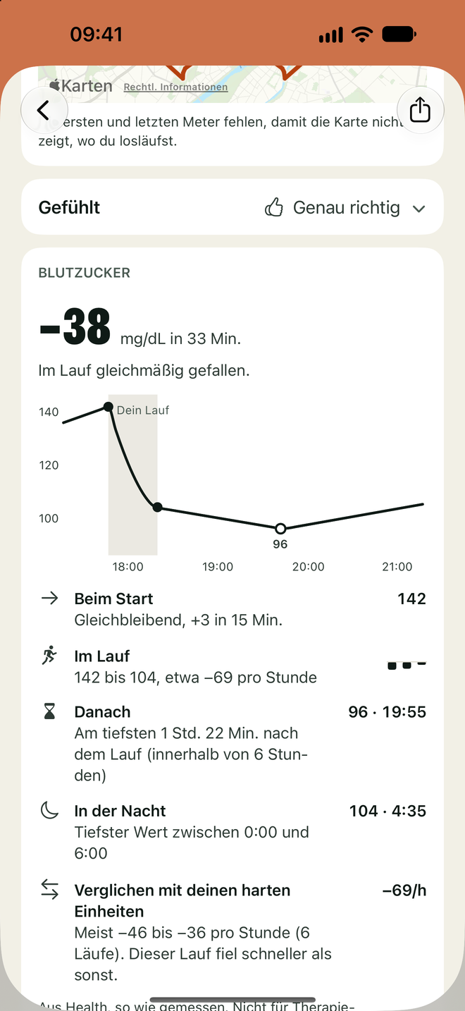 Karte Blutzucker in den Laufdetails mit der Kurve rund um den Lauf