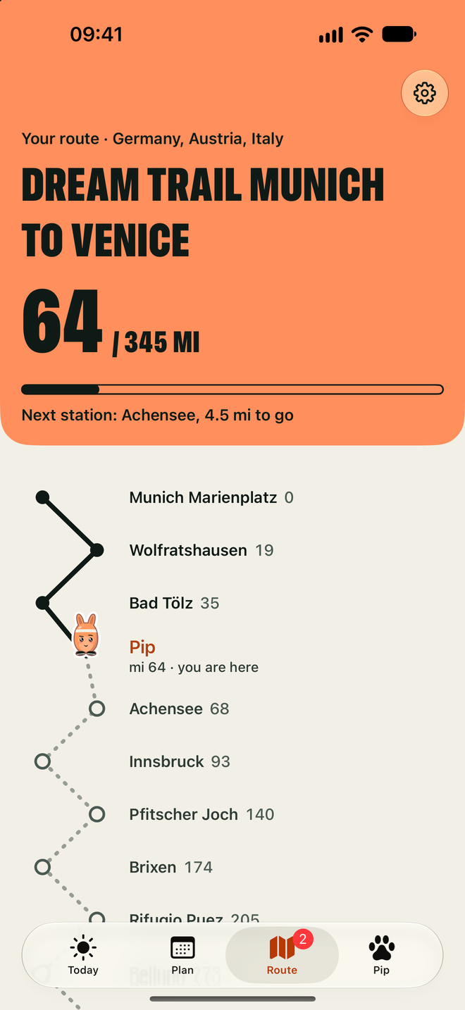 Route screen with the trail map and the next station