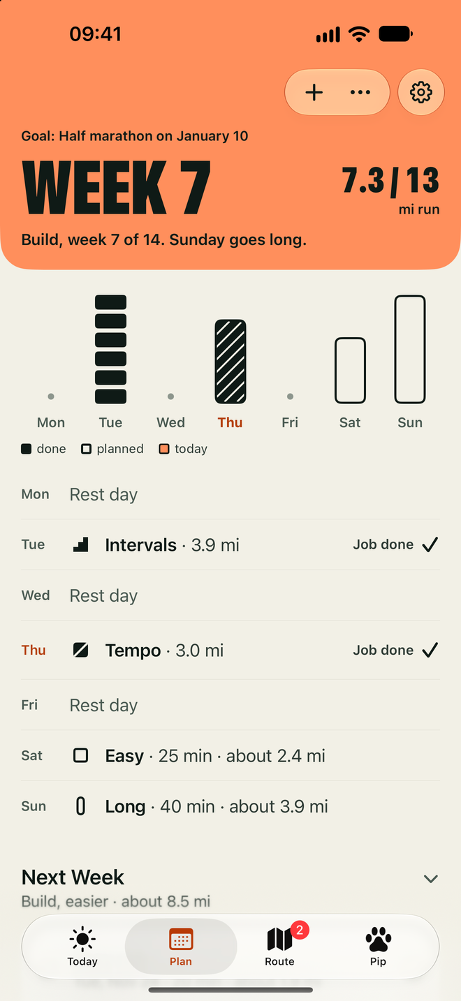 Plan screen with the week's runs drawn as shapes